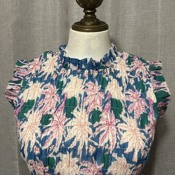 Oliphant brand Dress-XS-Floral-Sleeveless-Cotton-Maxi-Lined-Blue/Pink/Green-EUC